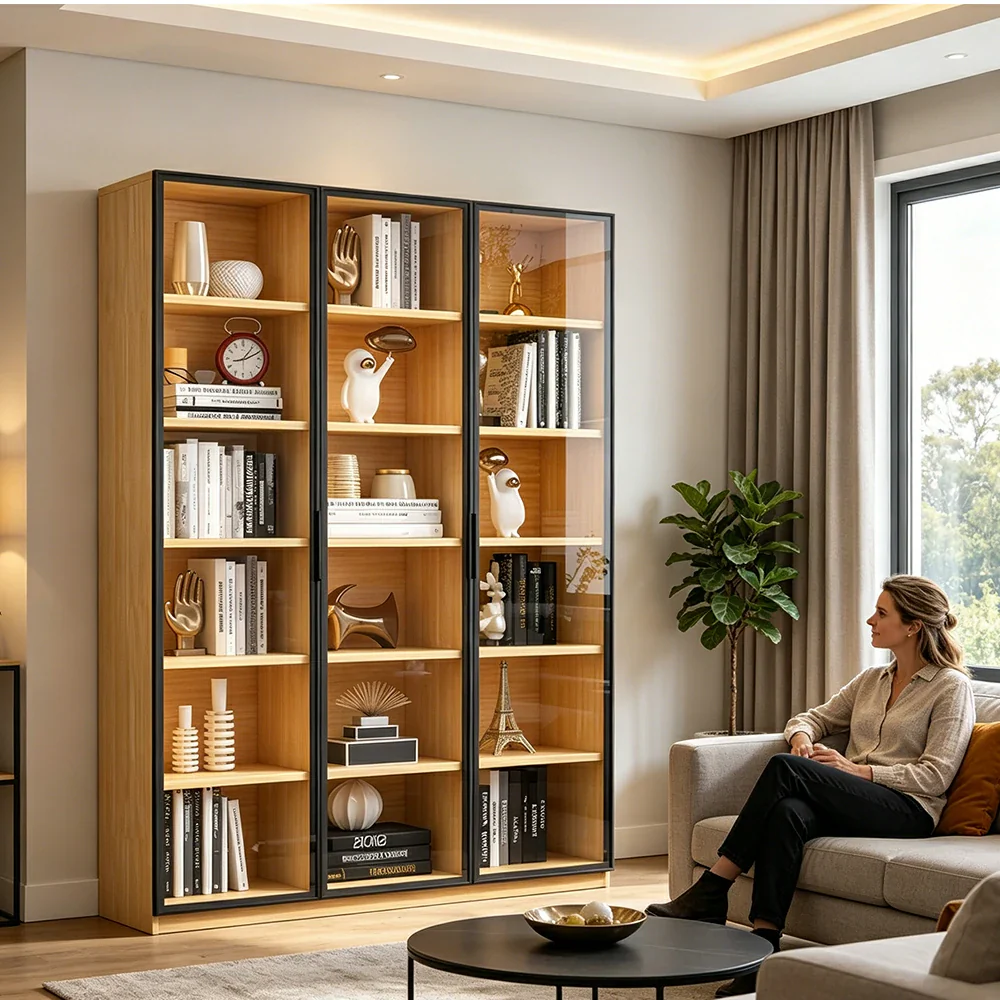 LIVARA 3-Door Display Cabinet - Solid Wood Glass Storage 207/240cm Tall for Living Room & Office - Light Wood - Image 7