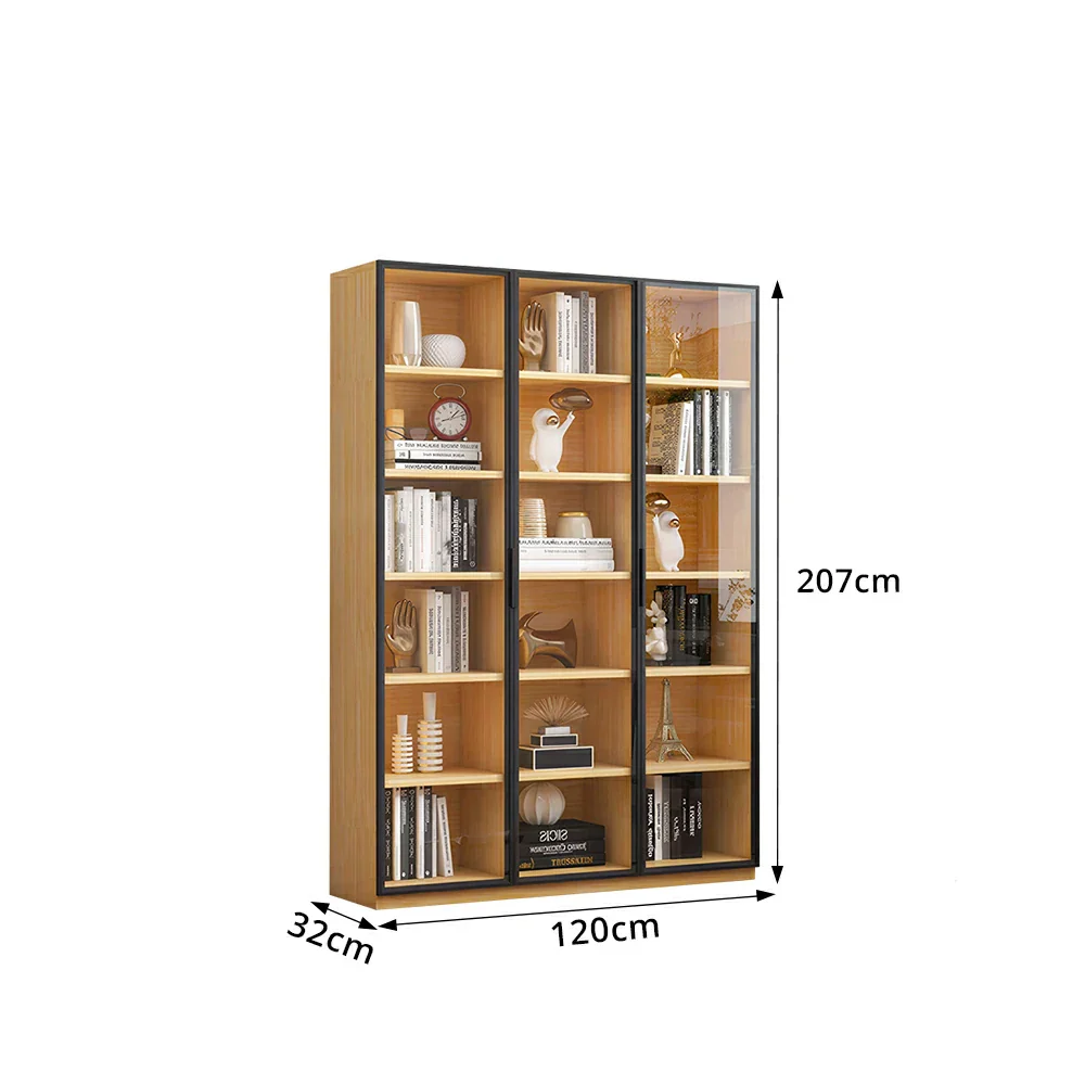 LIVARA 3-Door Display Cabinet - Solid Wood Glass Storage 207/240cm Tall for Living Room & Office - Light Wood - Image 8