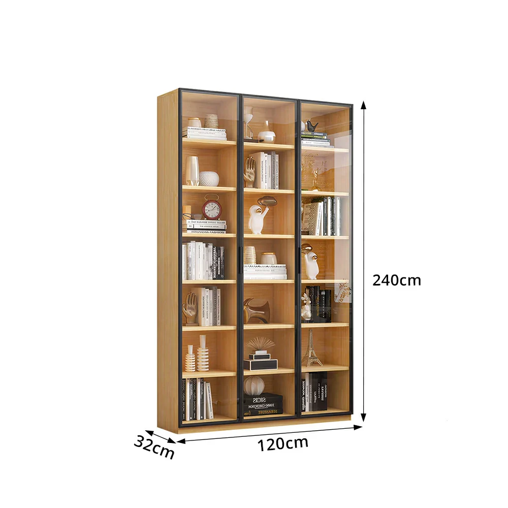 LIVARA 3-Door Display Cabinet - Solid Wood Glass Storage 207/240cm Tall for Living Room & Office - Light Wood - Image 9