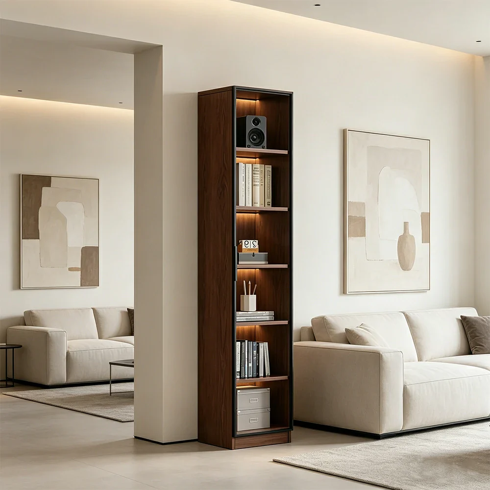 LIVARA 40cm Single Door Display Cabinet - Tempered Glass Storage with LED Lighting Slim Design for Living Room - Walnut - Image 5