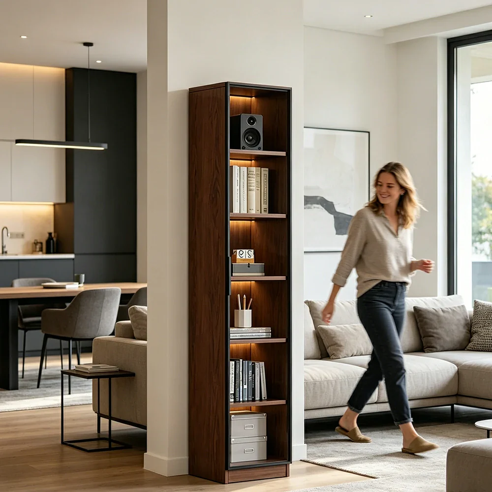 LIVARA 40cm Single Door Display Cabinet - Tempered Glass Storage with LED Lighting Slim Design for Living Room - Walnut - Image 6
