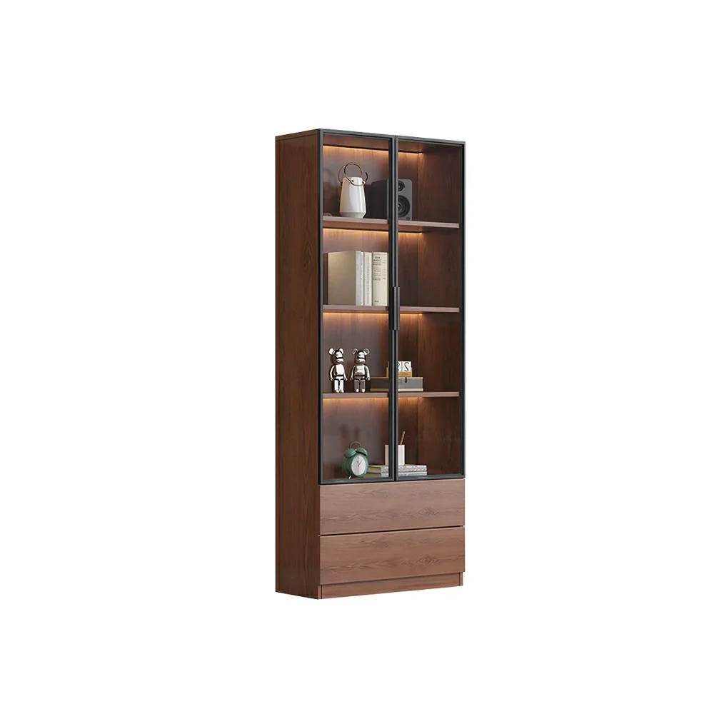 LIVARA 60/80cm Double Door Display Cabinet - Tempered Glass Storage with LED Lighting Slim Design for Living Room - Walnut（副本）