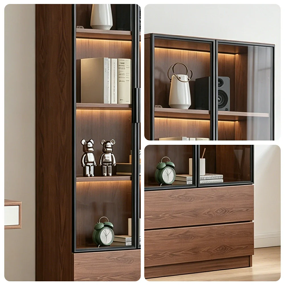 LIVARA 60/80cm Double Door Display Cabinet - Tempered Glass Storage with LED Lighting Slim Design for Living Room - Walnut（副本） - Image 3