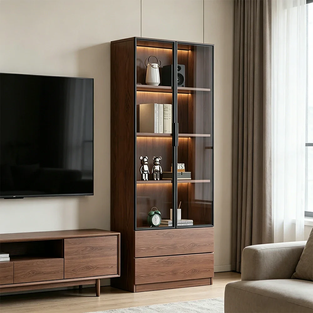 LIVARA 60/80cm Double Door Display Cabinet - Tempered Glass Storage with LED Lighting Slim Design for Living Room - Walnut（副本） - Image 4