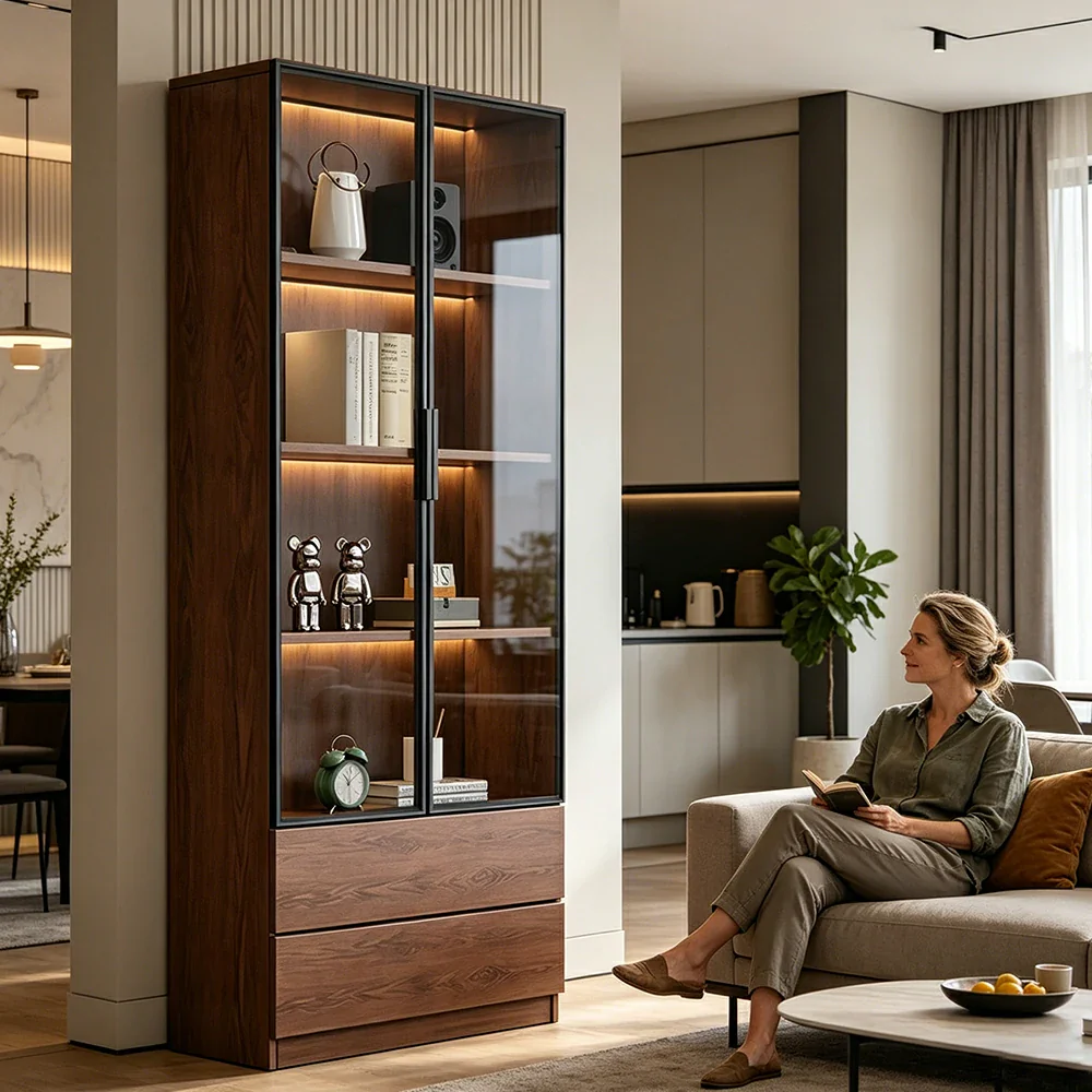 LIVARA 60/80cm Double Door Display Cabinet - Tempered Glass Storage with LED Lighting Slim Design for Living Room - Walnut（副本） - Image 6