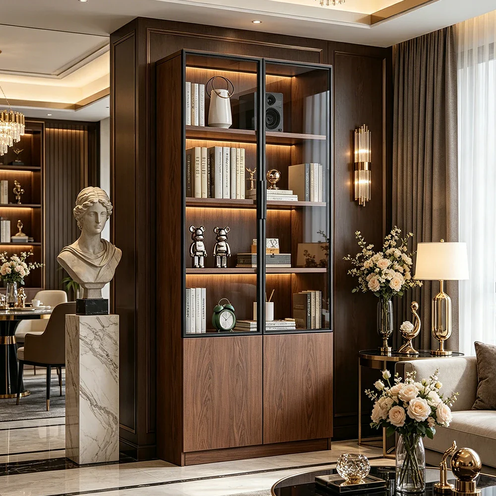 LIVARA 60/80cm Double Door Cabinet - Tempered Glass Storage with Dual Compartment Design for Living Room - Walnut - Image 2