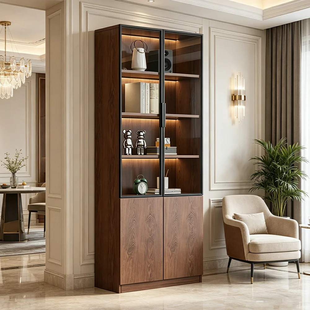 LIVARA 60/80cm Double Door Cabinet - Tempered Glass Storage with Dual Compartment Design for Living Room - Walnut - Image 6