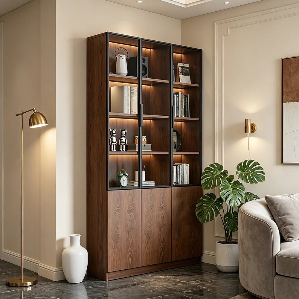 LIVARA 90cm Triple Door Cabinet - Tempered Glass Display with Lower Storage Compartments for Living Room - Walnut - Image 2