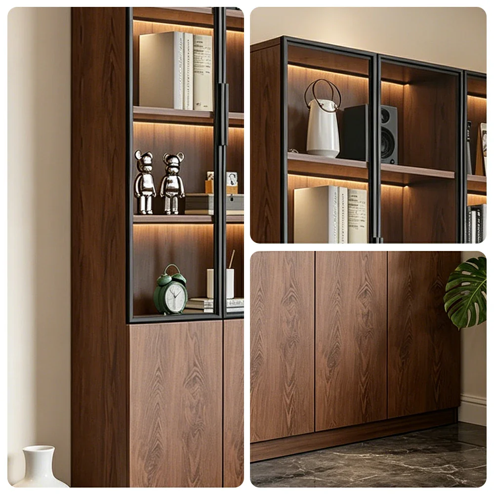 LIVARA 90cm Triple Door Cabinet - Tempered Glass Display with Lower Storage Compartments for Living Room - Walnut - Image 3