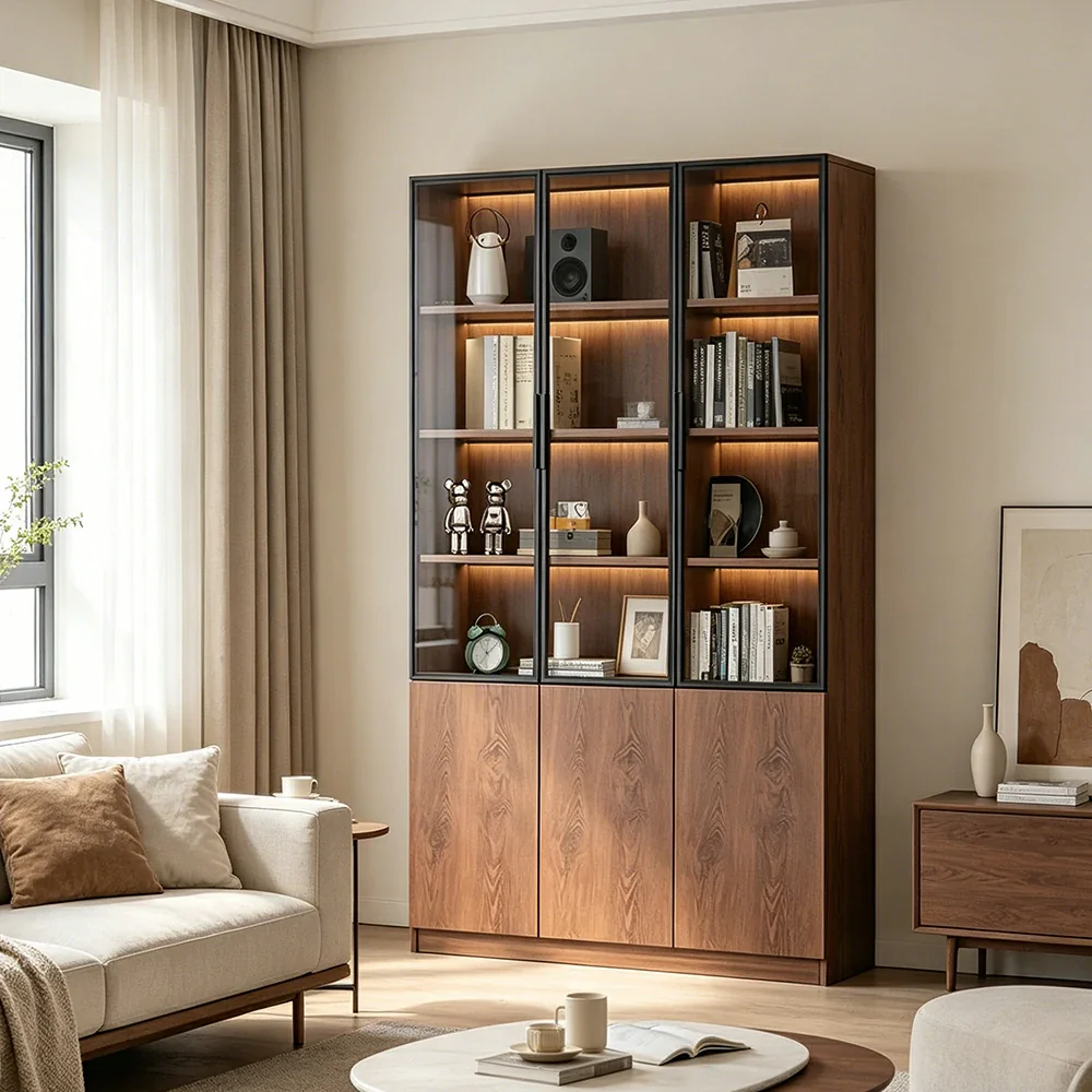 LIVARA 90cm Triple Door Cabinet - Tempered Glass Display with Lower Storage Compartments for Living Room - Walnut - Image 4