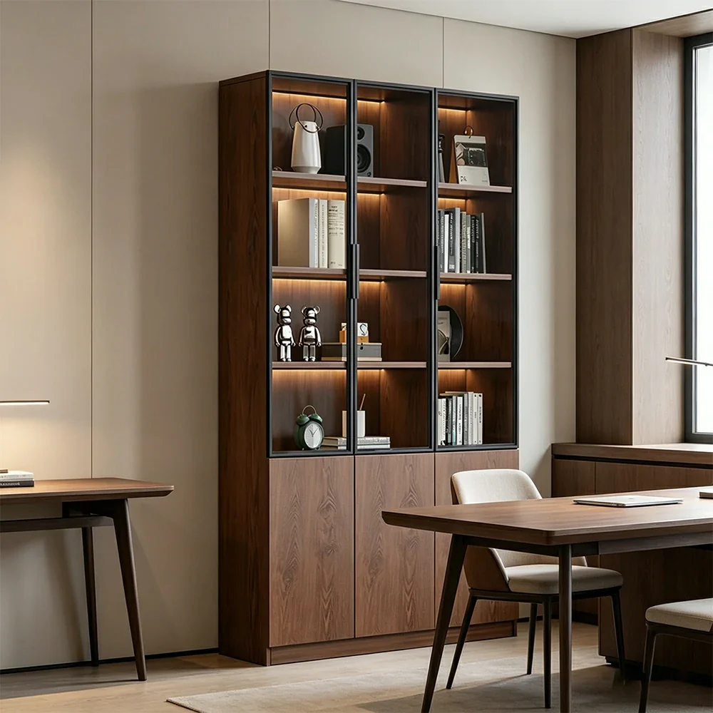 LIVARA 90cm Triple Door Cabinet - Tempered Glass Display with Lower Storage Compartments for Living Room - Walnut - Image 5