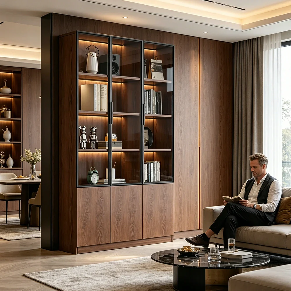 LIVARA 90cm Triple Door Cabinet - Tempered Glass Display with Lower Storage Compartments for Living Room - Walnut - Image 6