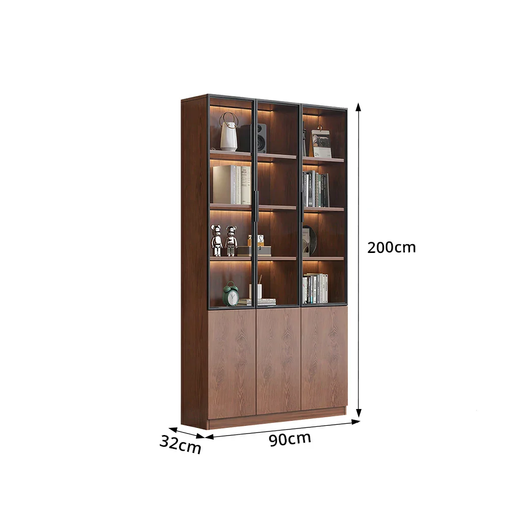 LIVARA 90cm Triple Door Cabinet - Tempered Glass Display with Lower Storage Compartments for Living Room - Walnut - Image 7