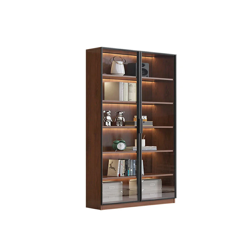 LIVARA 100cm Double Door Display Cabinet - Tempered Glass Storage with LED Lighting for Living Room - Walnut