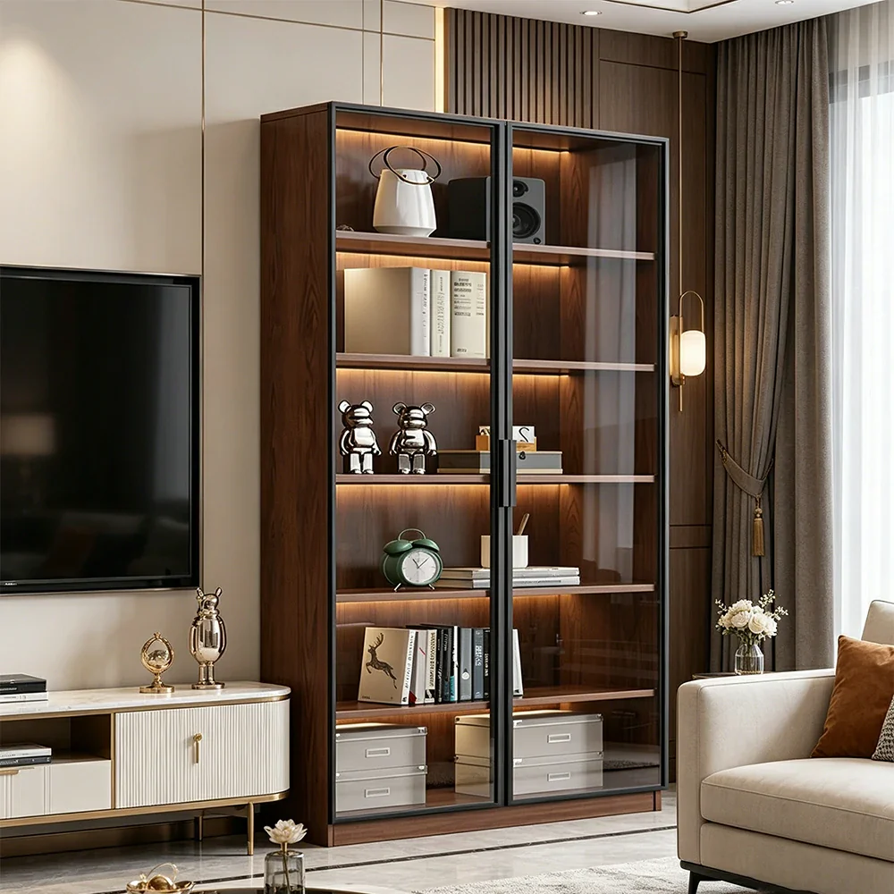 LIVARA 100cm Double Door Display Cabinet - Tempered Glass Storage with LED Lighting for Living Room - Walnut - Image 2