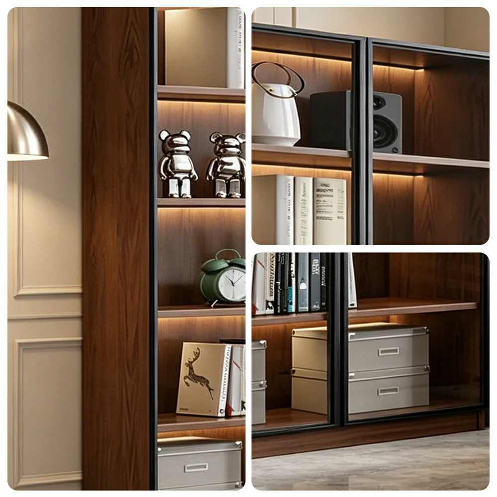 LIVARA 100cm Double Door Display Cabinet - Tempered Glass Storage with LED Lighting for Living Room - Walnut - Image 3