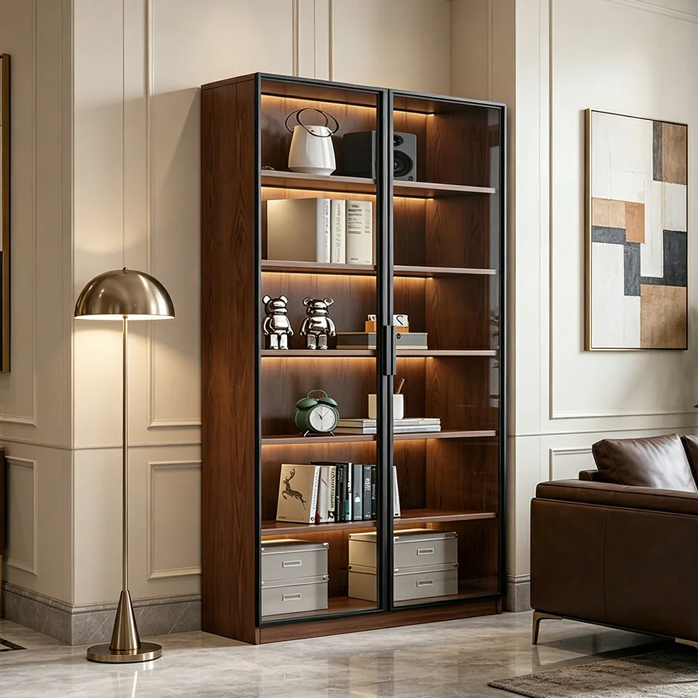 LIVARA 100cm Double Door Display Cabinet - Tempered Glass Storage with LED Lighting for Living Room - Walnut - Image 4