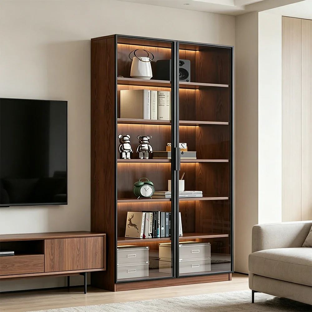 LIVARA 100cm Double Door Display Cabinet - Tempered Glass Storage with LED Lighting for Living Room - Walnut - Image 5