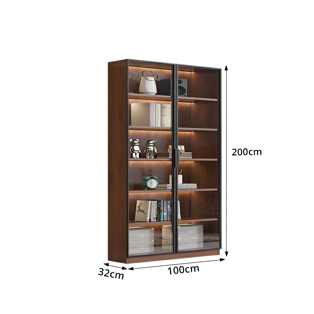 LIVARA 100cm Double Door Display Cabinet - Tempered Glass Storage with LED Lighting for Living Room - Walnut - Image 8