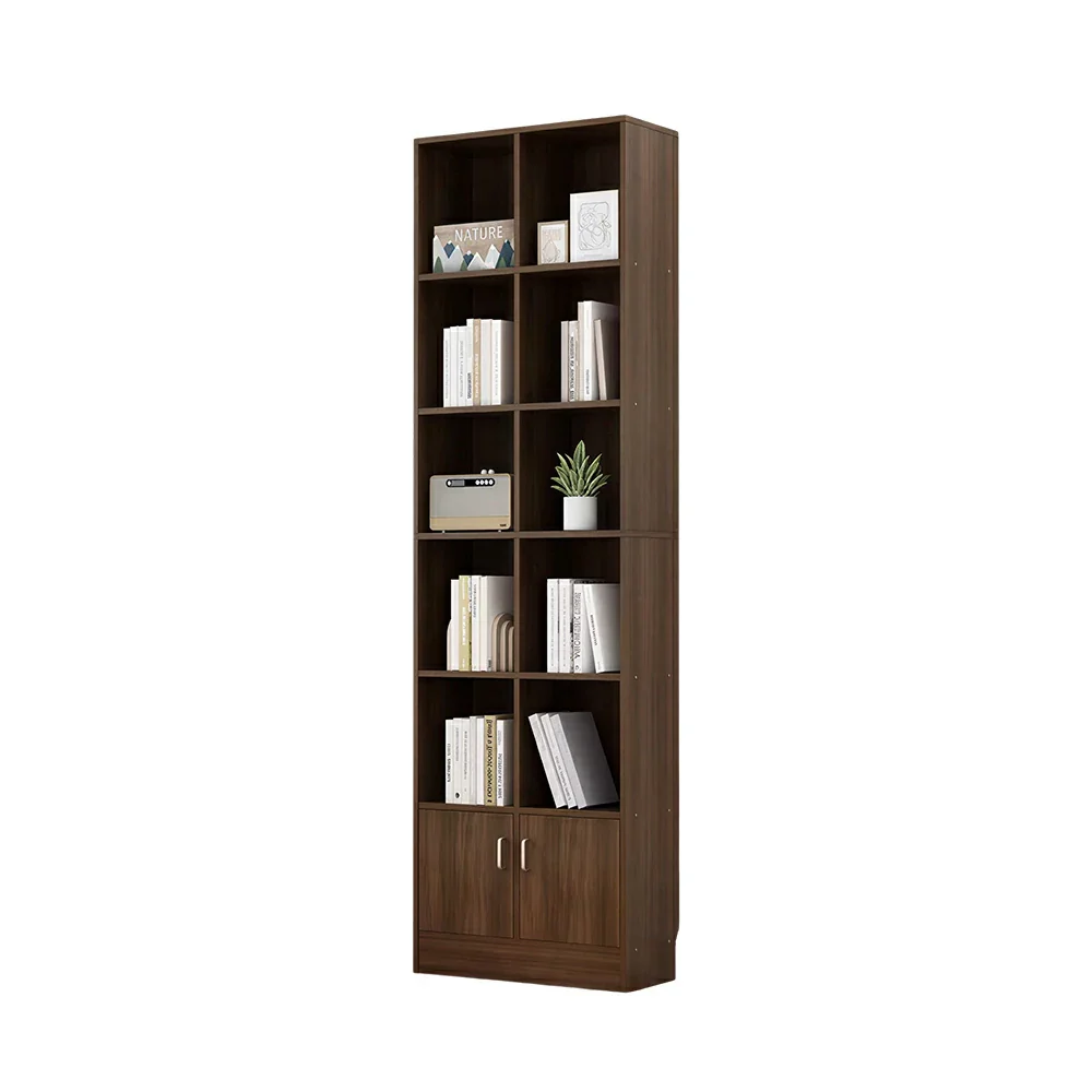 LIVARA Nordic Maple Bookcase 60/70cm - Multi-Tier Storage Cabinet with Doors & Back Panel for Living Room - Walnut