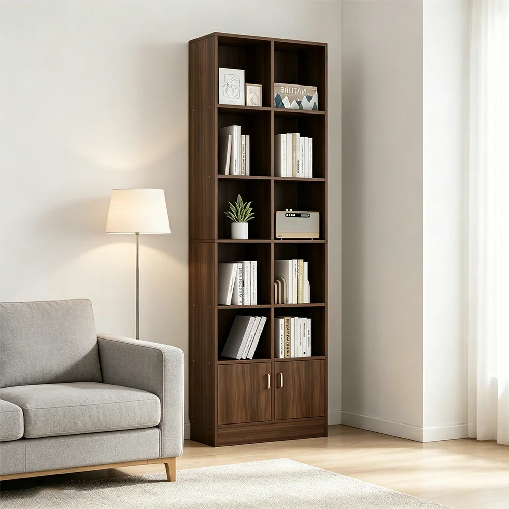 LIVARA Nordic Maple Bookcase 60/70cm - Multi-Tier Storage Cabinet with Doors & Back Panel for Living Room - Walnut - Image 4