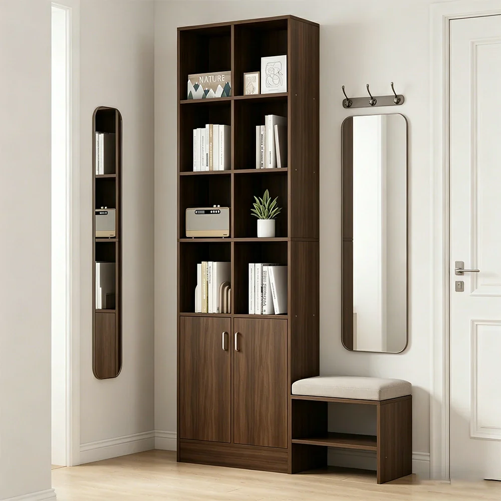 LIVARA Nordic Maple Bookcase 60/70cm - Multi-Tier Storage Cabinet with Doors & Back Panel for Living Room - Walnut - Image 5