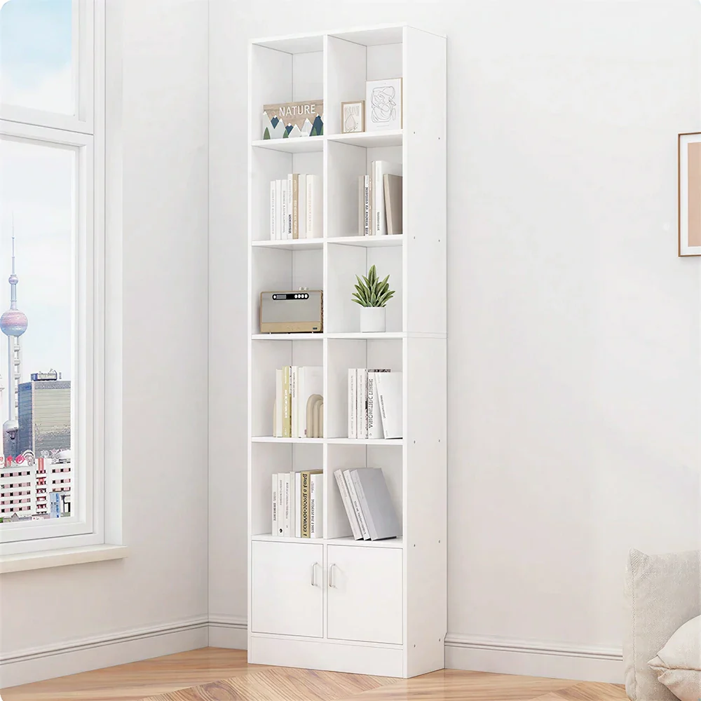 LIVARA Nordic Maple Bookcase 60/70cm - Multi-Tier Storage Cabinet with Doors & Back Panel for Living Room - White - Image 2