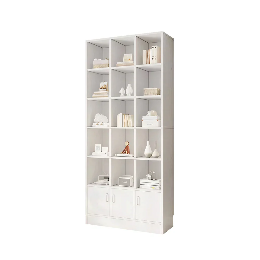 LIVARA Nordic Maple Bookcase 90/105cm - Multi-Tier Storage Cabinet with Doors & Back Panel for Living Room - White