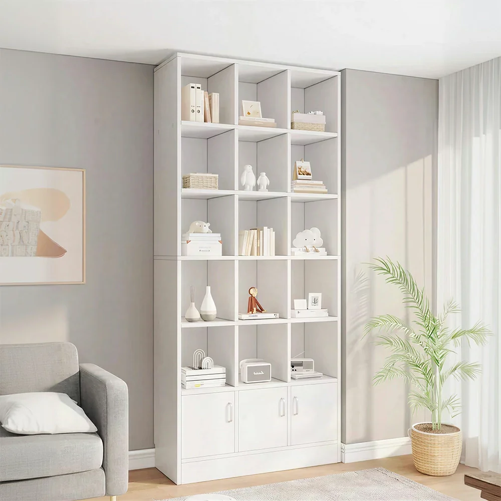 LIVARA Nordic Maple Bookcase 90/105cm - Multi-Tier Storage Cabinet with Doors & Back Panel for Living Room - White - Image 5