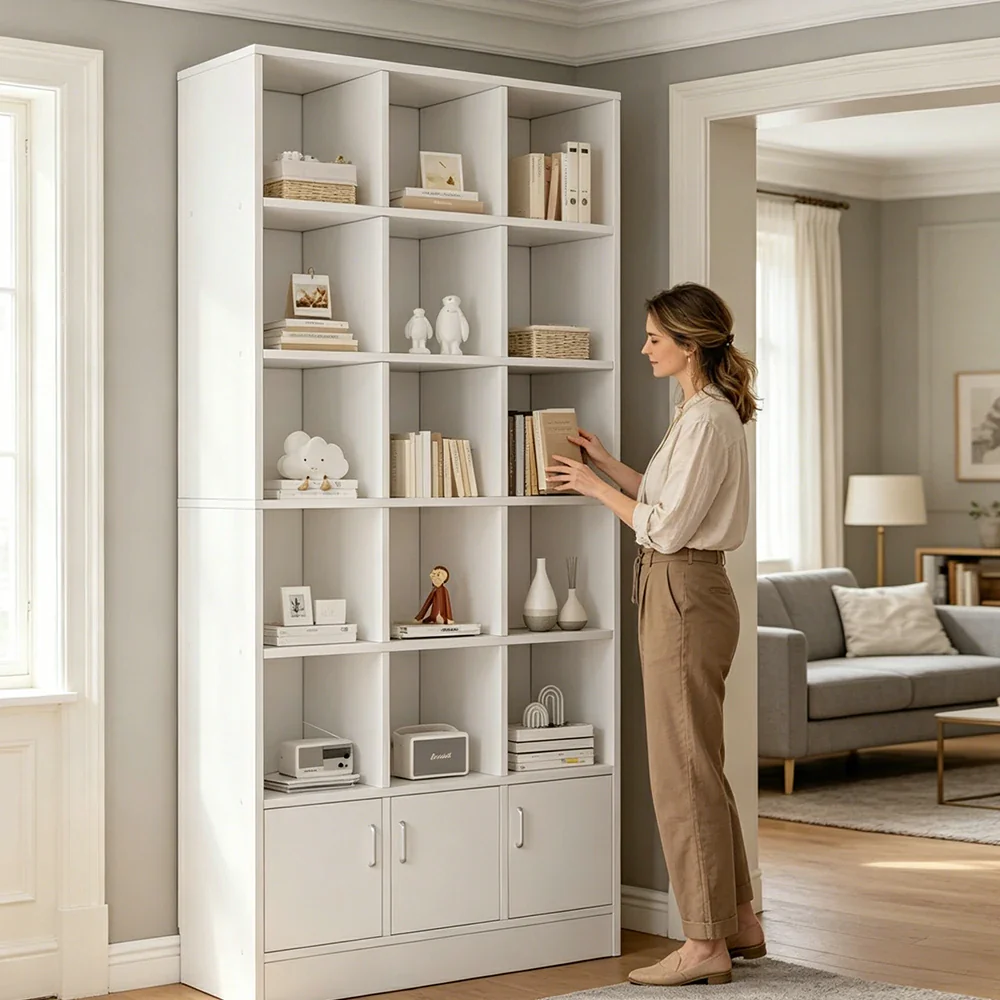 LIVARA Nordic Maple Bookcase 90/105cm - Multi-Tier Storage Cabinet with Doors & Back Panel for Living Room - White - Image 6