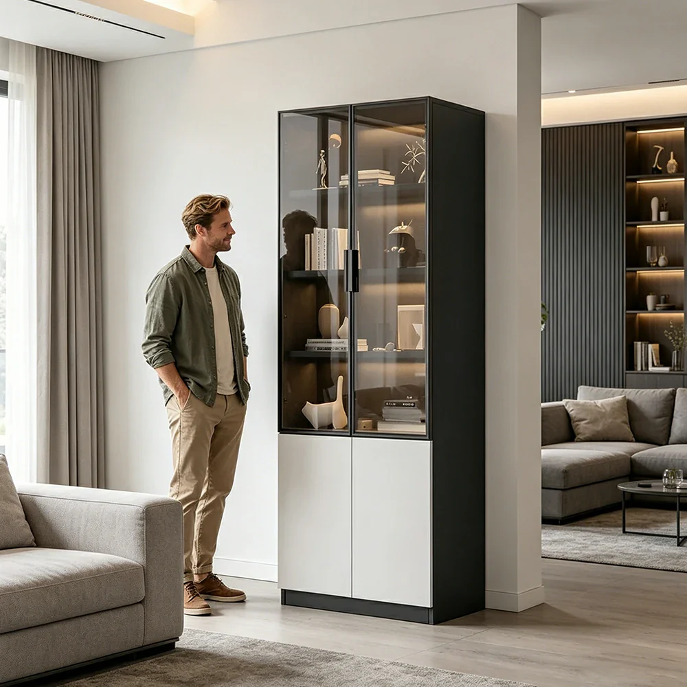 LIVARA Storage Cabinet - Honeycomb Aluminum Frame Glass Door Display Cabinet 60/80cm Living Room Storage - White & Grey - Image 7