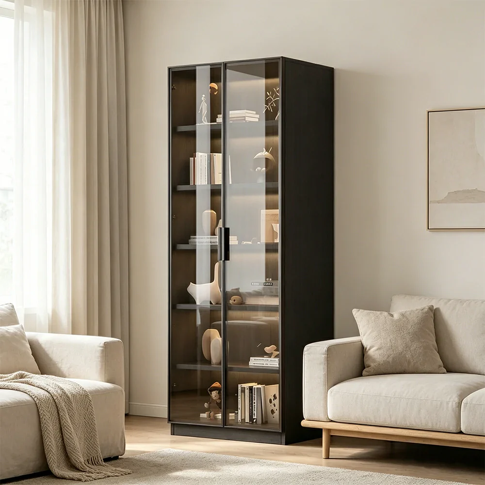LIVARA Storage Cabinet - Honeycomb Aluminum Frame Full Glass Door Display Cabinet 60/80cm Living Room Storage - White & Matte Grey - Image 4