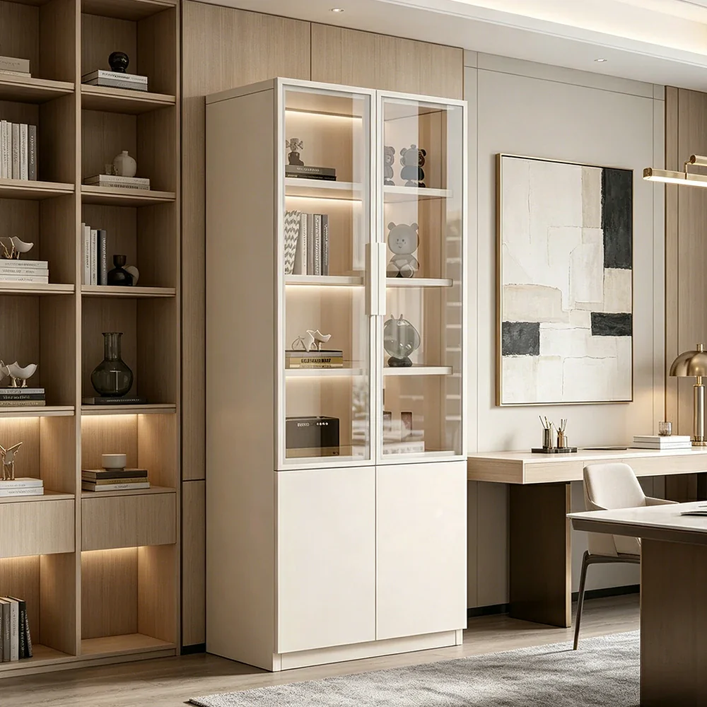 LIVARA Storage Cabinet - Honeycomb Aluminum Frame Glass Door Display Cabinet 60/80cm Living Room Storage - White - Image 4