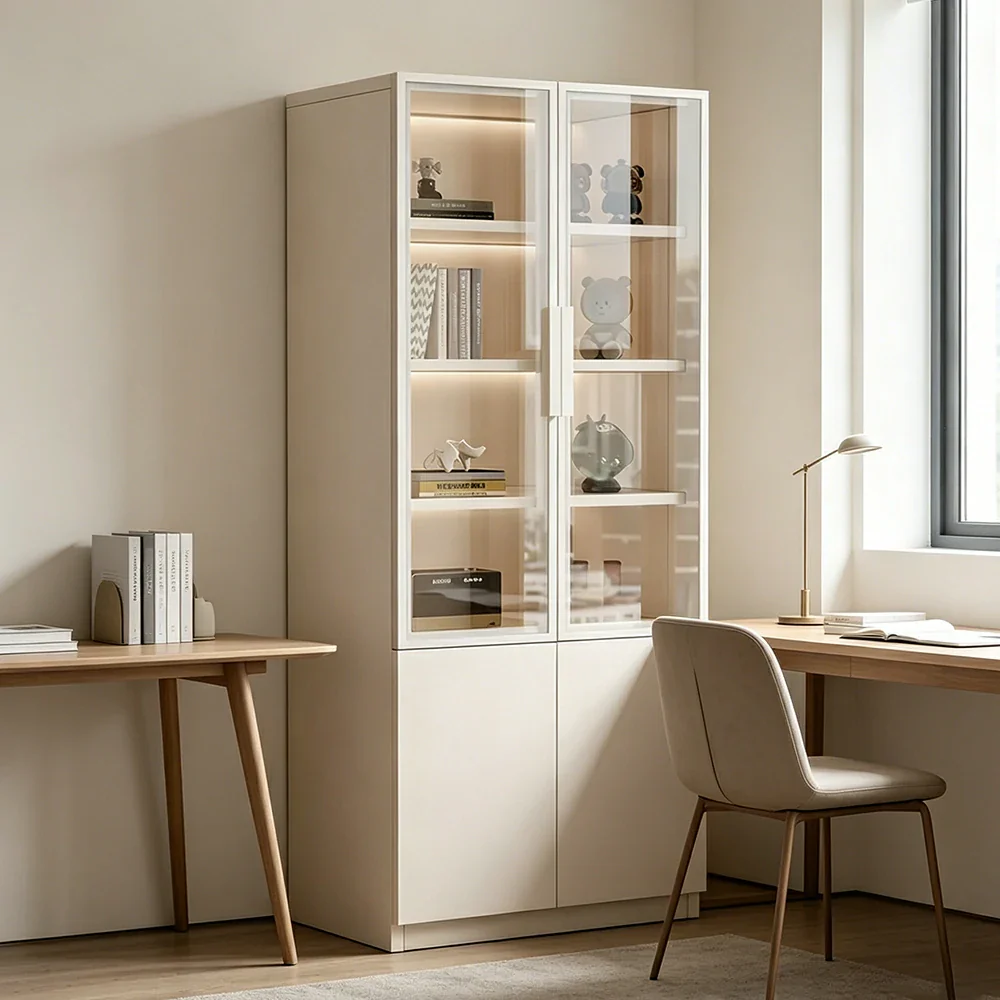 LIVARA Storage Cabinet - Honeycomb Aluminum Frame Glass Door Display Cabinet 60/80cm Living Room Storage - White - Image 5