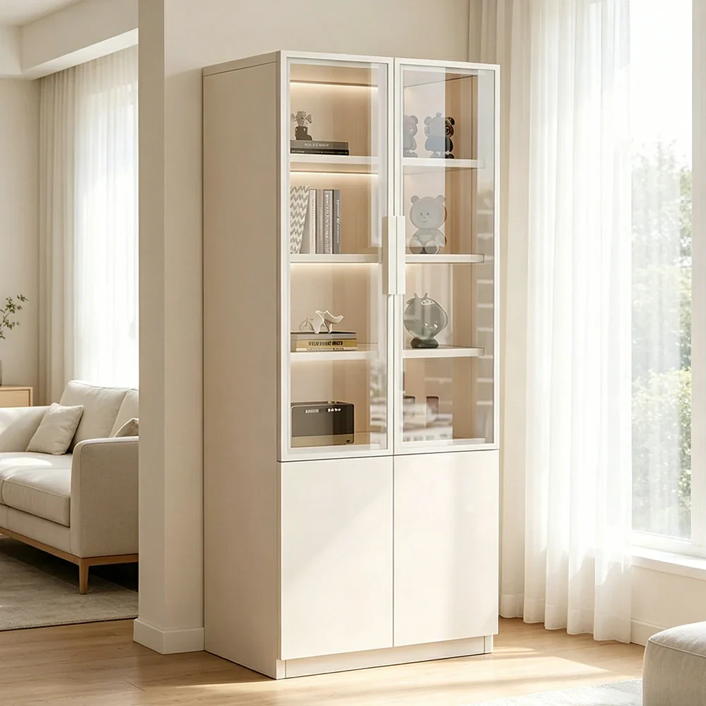 LIVARA Storage Cabinet - Honeycomb Aluminum Frame Glass Door Display Cabinet 60/80cm Living Room Storage - White - Image 6