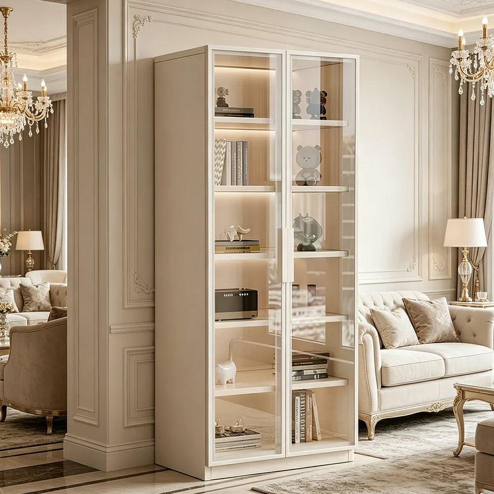 LIVARA Storage Cabinet - Honeycomb Aluminum Frame Full Glass Door Display Cabinet 60/80cm Living Room Storage - White - Image 2