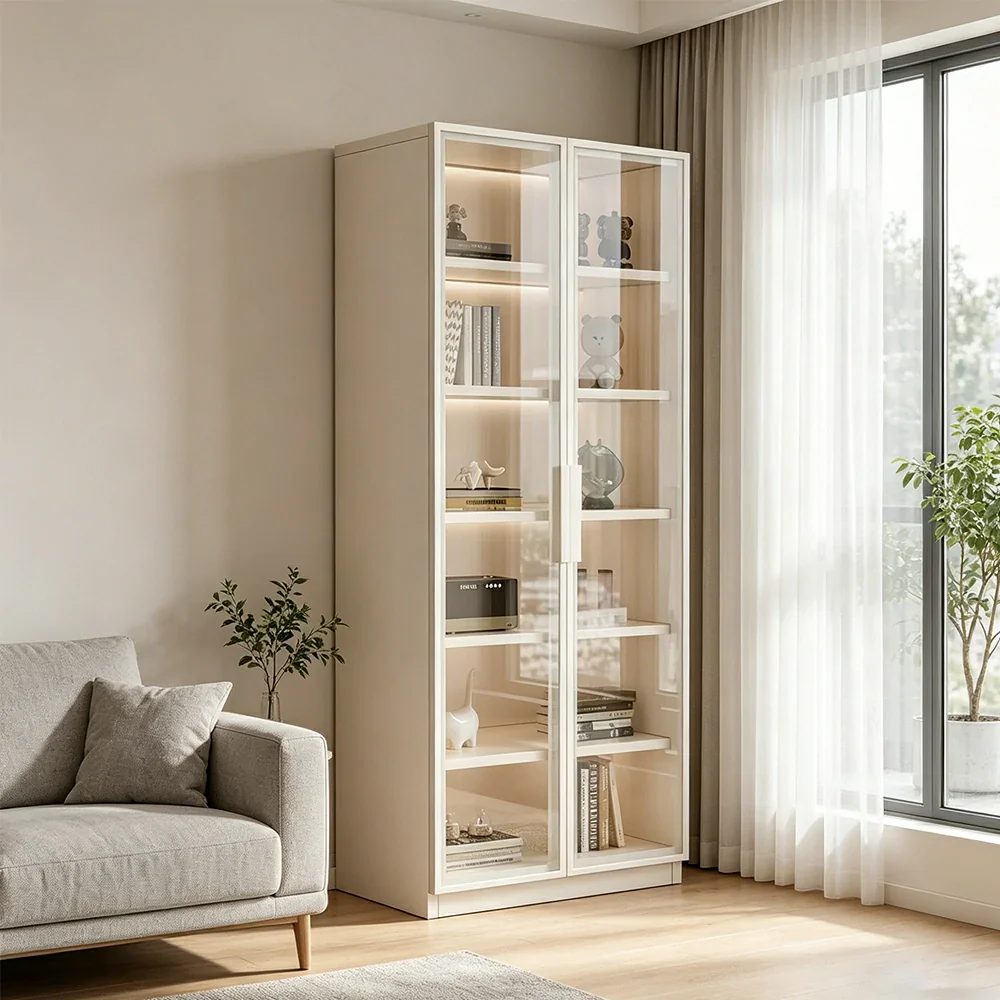 LIVARA Storage Cabinet - Honeycomb Aluminum Frame Full Glass Door Display Cabinet 60/80cm Living Room Storage - White - Image 6
