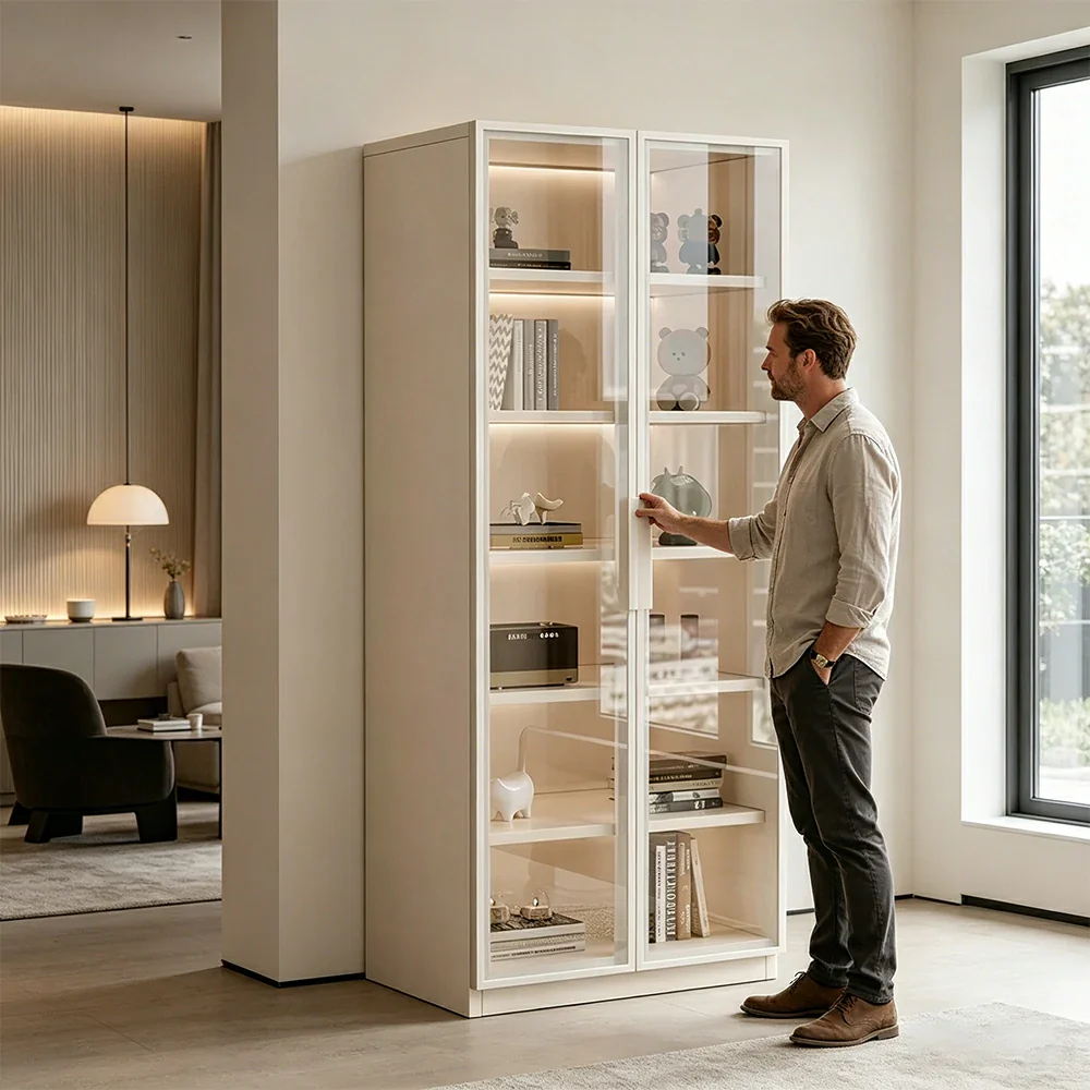 LIVARA Storage Cabinet - Honeycomb Aluminum Frame Full Glass Door Display Cabinet 60/80cm Living Room Storage - White - Image 7
