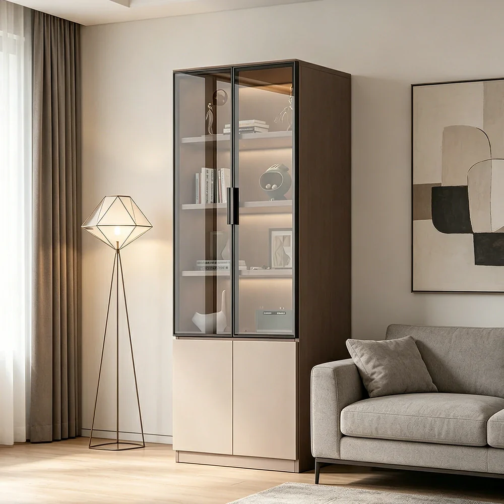 LIVARA Storage Cabinet - Honeycomb Aluminum Frame Glass Door Display Cabinet 60/80cm Living Room Storage - Coffee - Image 4