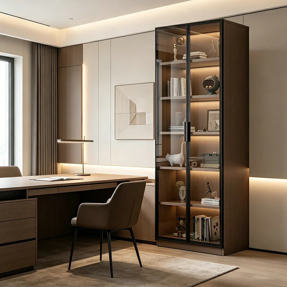 LIVARA Storage Cabinet - Honeycomb Aluminum Frame Full Glass Door Display Cabinet 60/80cm Living Room Storage - Coffee - Image 2