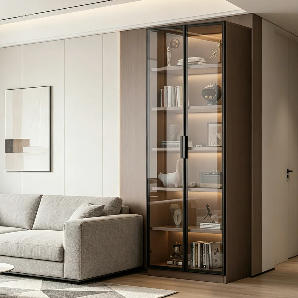 LIVARA Storage Cabinet - Honeycomb Aluminum Frame Full Glass Door Display Cabinet 60/80cm Living Room Storage - Coffee - Image 5