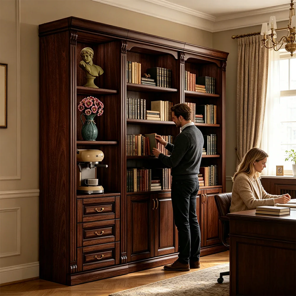 LIVARA Bookshelf Cabinet - Solid Wood 3-Drawer Storage Bookcase 210cm Study Living Room Display - Walnut - Image 5