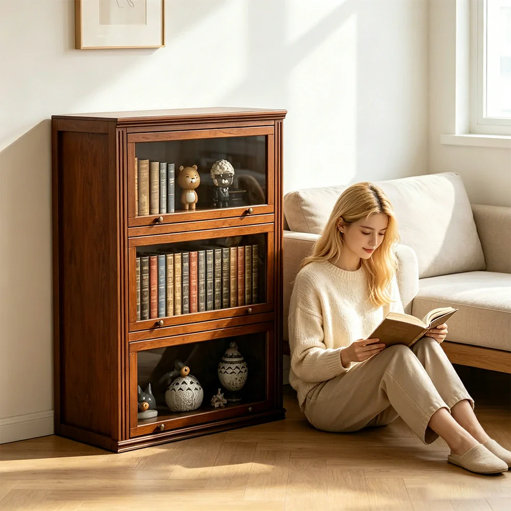LIVARA 3-Tier Solid Ash Wood Bookcase Flip-Up Glass Door Storage Cabinet 60/80cm for Living Room Study - Image 4