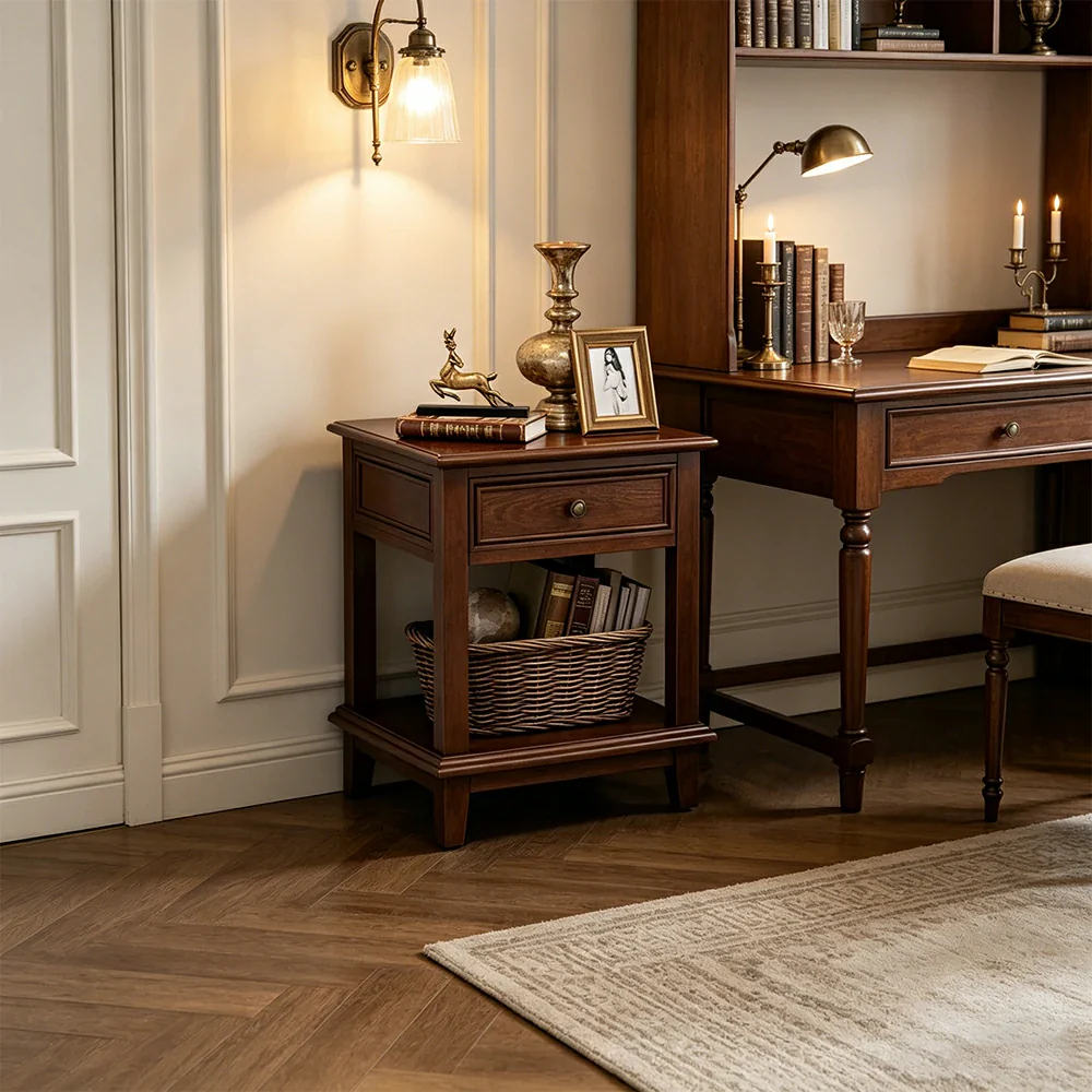 LIVARA Ash Wood Nightstand Space-Saving Storage Cabinet for Bedroom Small Spaces - Walnut - Image 2