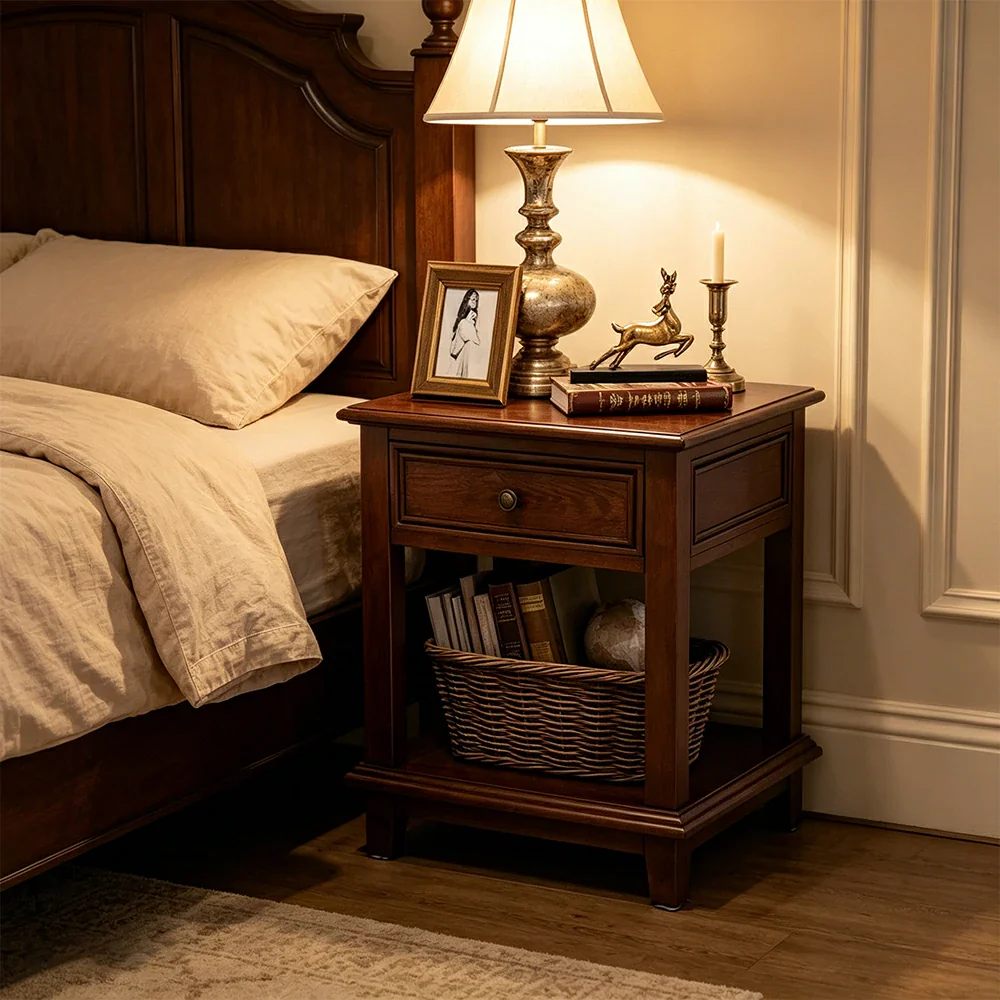 LIVARA Ash Wood Nightstand Space-Saving Storage Cabinet for Bedroom Small Spaces - Walnut - Image 4