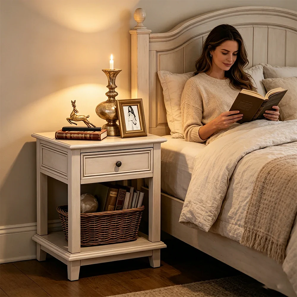 LIVARA Ash Wood Nightstand Space-Saving Storage Cabinet for Bedroom Small Spaces - White - Image 5