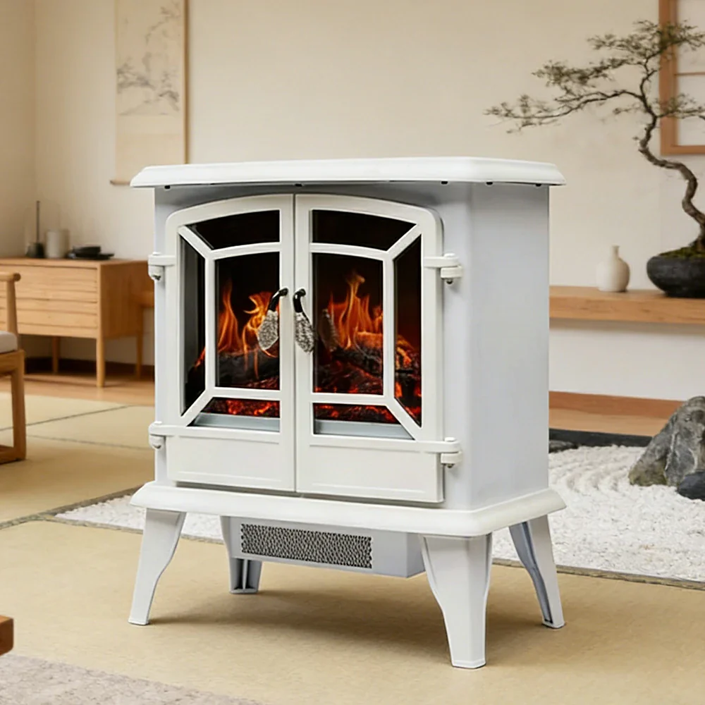 LIVARA 20-Inch Electric Fireplace Heater 3D Flame Effect 1800W Indoor Space Heater Tempered Glass Steel Body Quiet Operation - White - Image 2