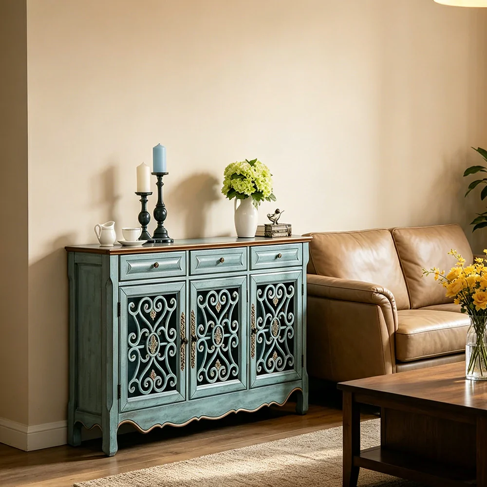 LIVARA Solid Wood 3 Door Sideboard Cabinet with Storage Vintage American Buffet Entryway Cabinet 153cm - Distressed Blue - Image 4