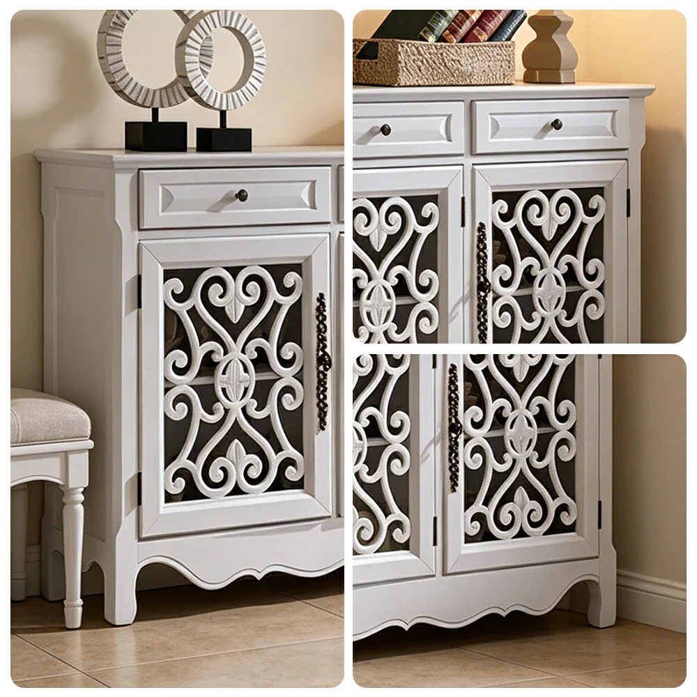 LIVARA Solid Wood 3 Door Sideboard Cabinet with Storage Vintage American Buffet Entryway Cabinet 153cm - White - Image 3