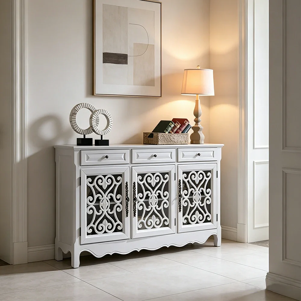 LIVARA Solid Wood 3 Door Sideboard Cabinet with Storage Vintage American Buffet Entryway Cabinet 153cm - White - Image 5